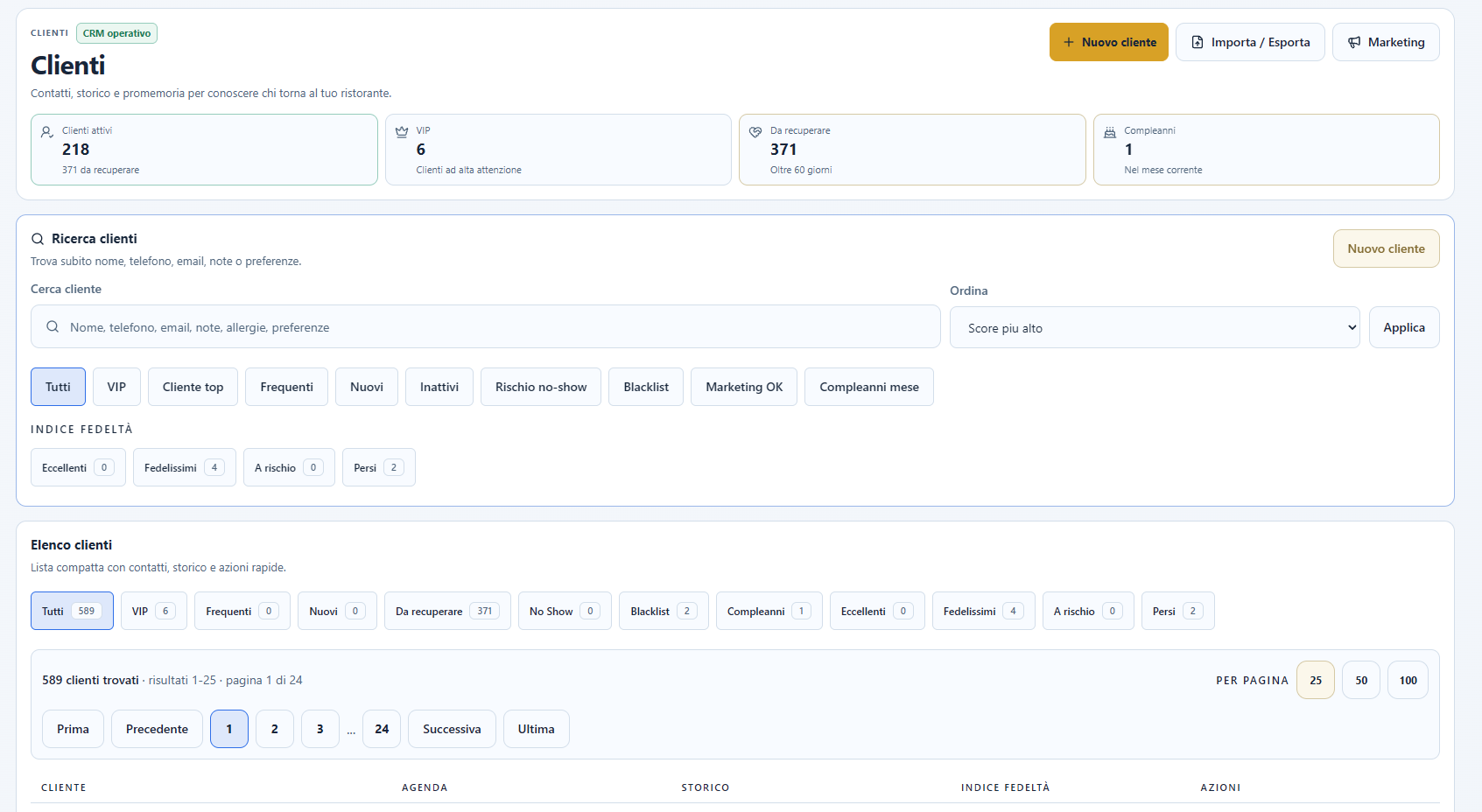Il CRM con ricerca clienti e filtri di segmentazione.